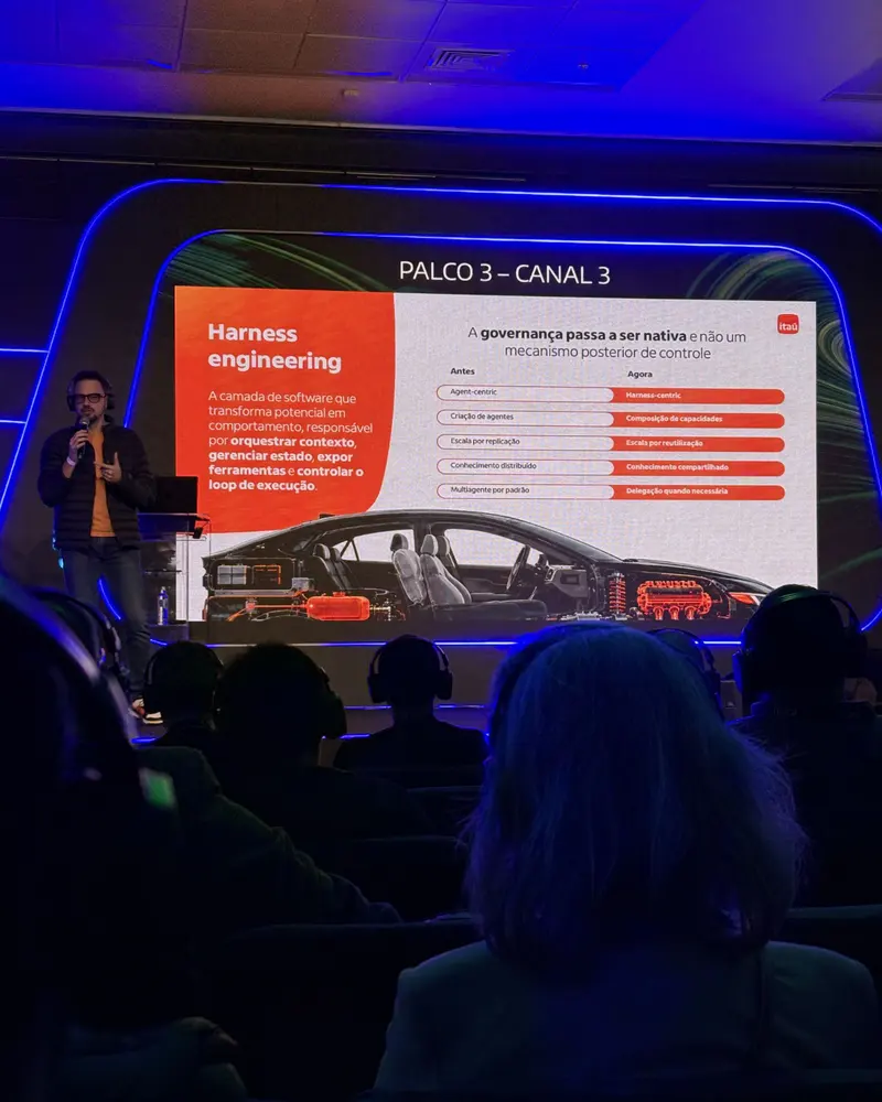 Palestrante no Palco 3 da IA Conference Brasil 2026 apresentando um slide do Itaú sobre harness engineering, com a plateia de fones de ouvido em primeiro plano
