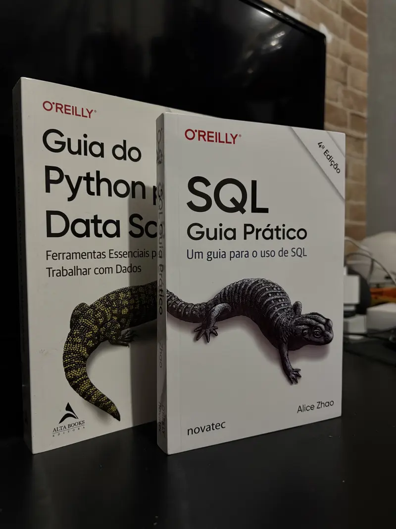 Dois livros da O'Reilly, um sobre Python para ciência de dados e outro sobre SQL, em pé sobre uma mesa